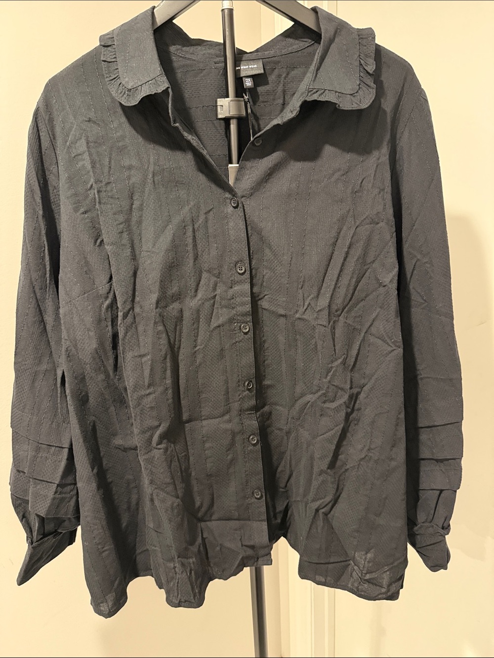 Who What Wear Black Textured Button-Down with Ruffle Collar